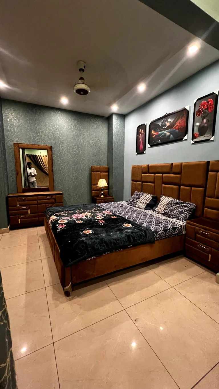 Comfortable single-bed furnished apartment available on a daily basis in Citi Housing Society Sialkot for short stays, business trips, couples,